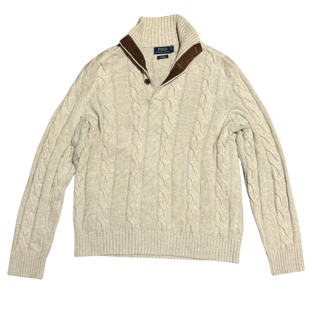 Ralph Lauren Blue Label Cable-Knit Silk-Cashmere Sweater Size M Tan Leather-Trim